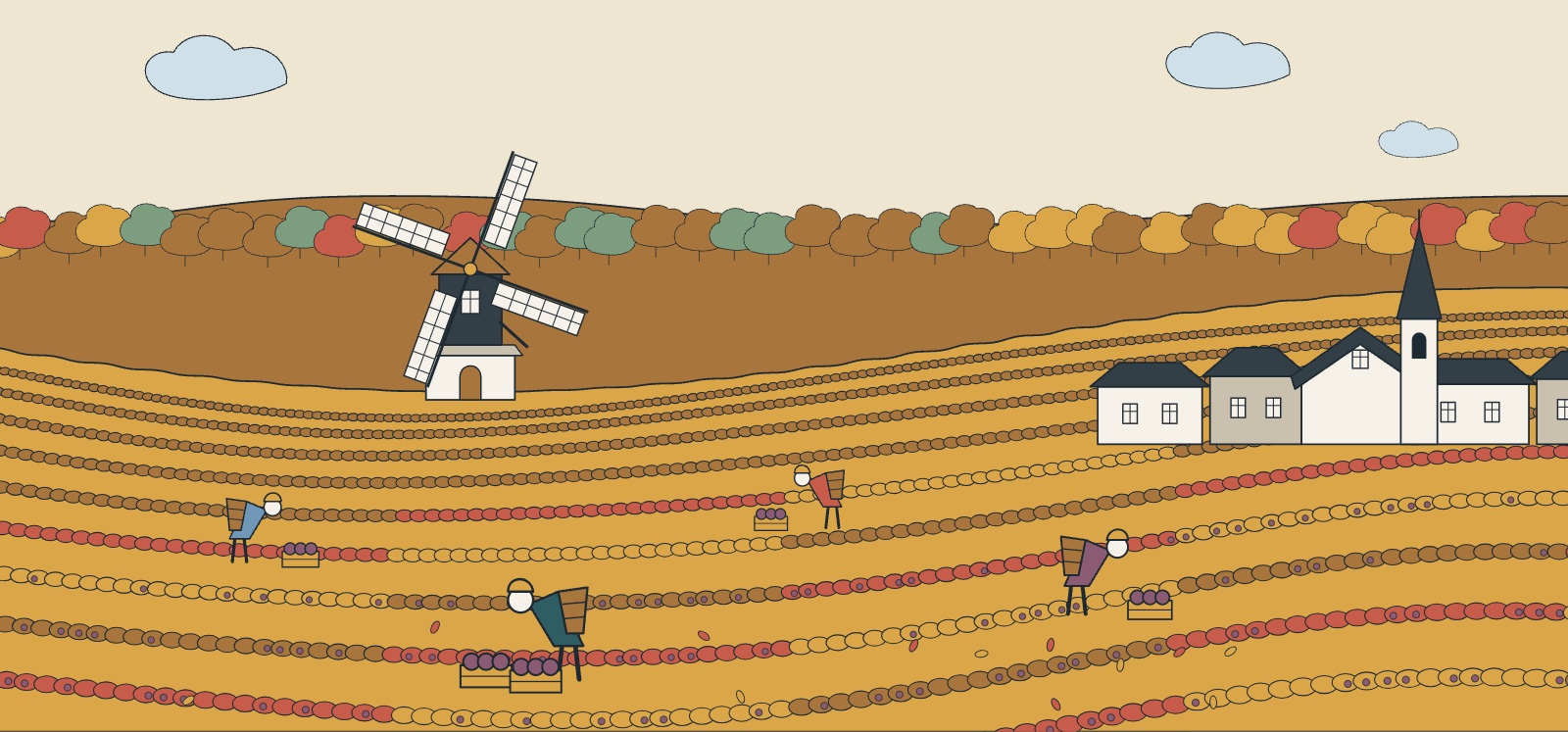 Illustration du vignoble de Champagne en automne avec le moulin de Verzenay, des vendangeurs et un village
