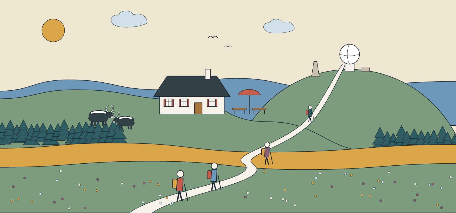 Illustration des crêtes des Vosges en été : Grand Ballon, chaumes vertes, ferme-auberge et randonneurs
