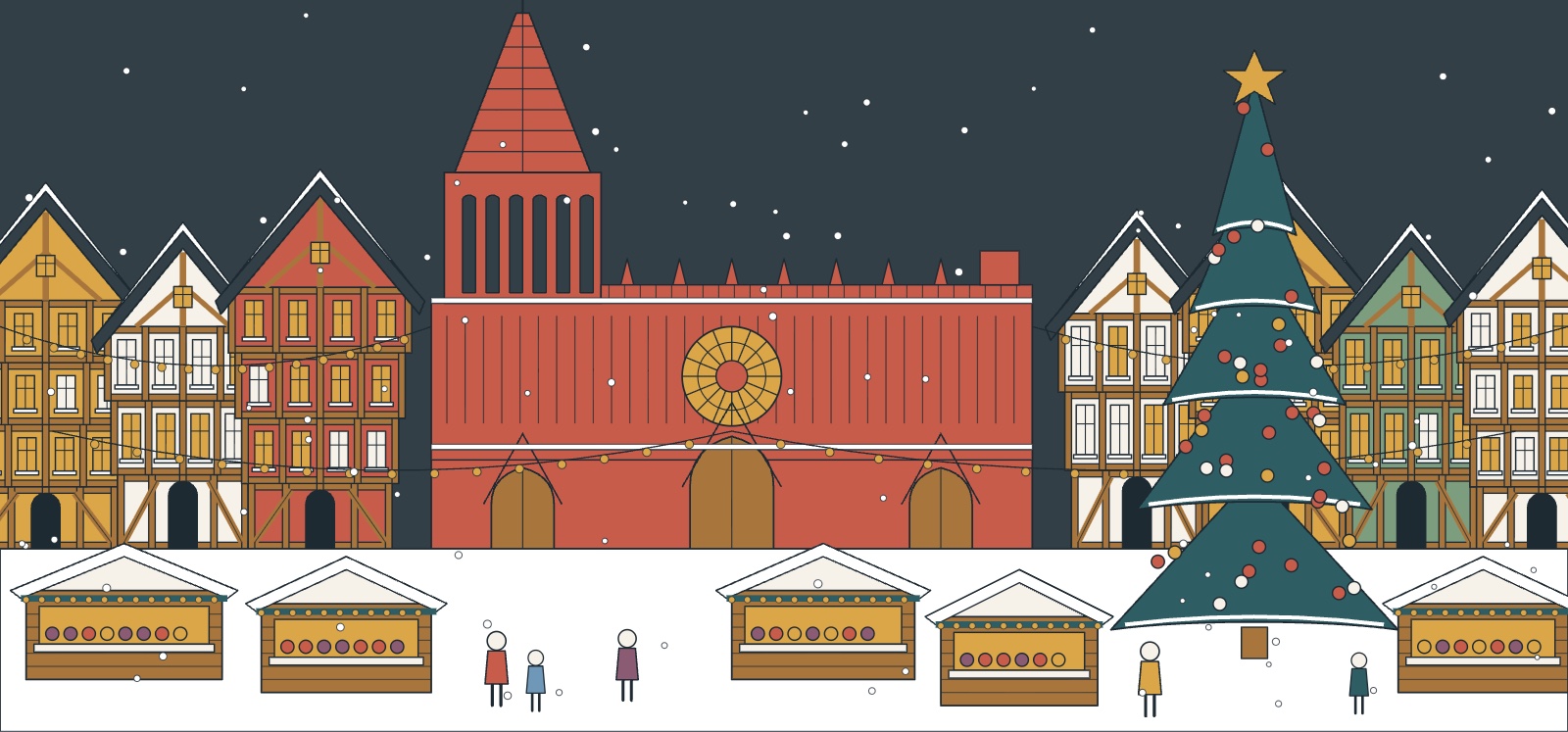 Illustration du marché de Noël de Strasbourg devant la cathédrale en grès rose, chalets illuminés et sapin sous la neige