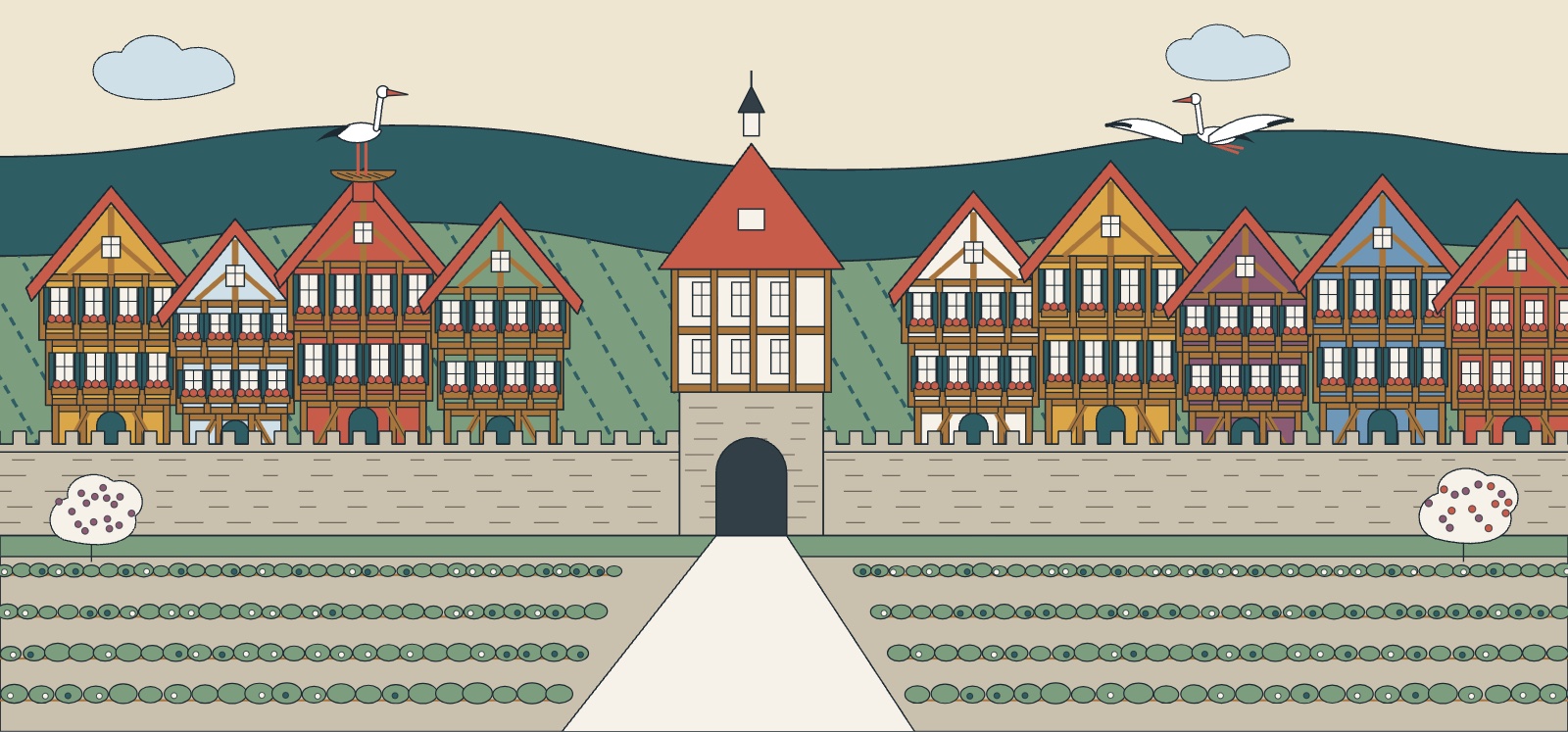 Illustration de Riquewihr au printemps : remparts, maisons à colombages, vignes en coteau et cigognes sur un nid